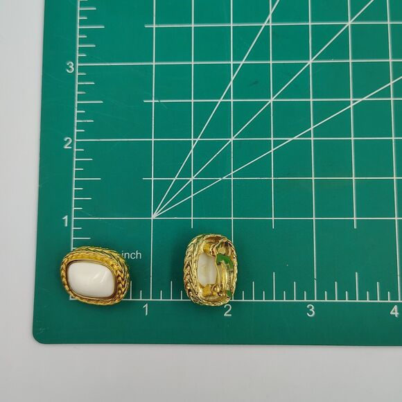 Vintage Givenchy Gold Tone White Lucite Cabochon Rectangular Clip On Earrings - Picture 15 of 16
